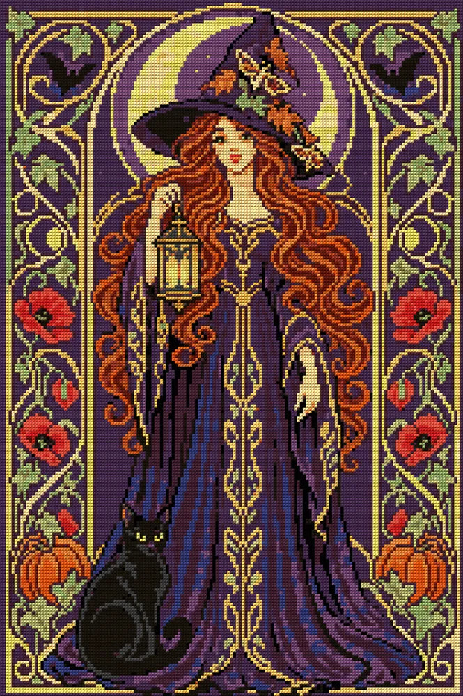 Jugend-tyylinen kuunoita kissan ja lyhdyn kanssa, 40x60 cm timanttimaalaus – koko kuvion esikatselu