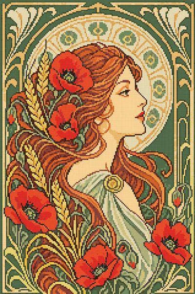 Jugend-tyylinen naishahmo unikkojen keskellä, 40x60 cm timanttimaalaus – lopullisen kuvion esikatselu