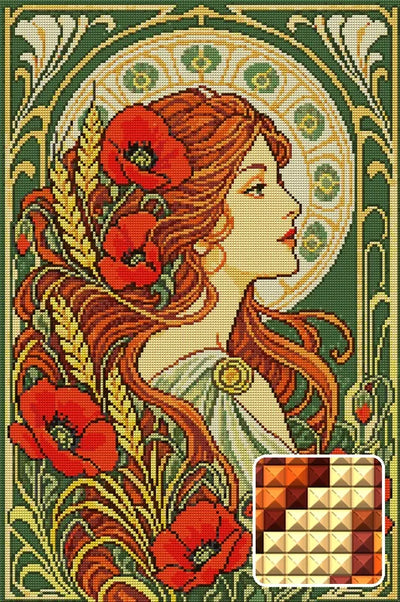 Jugend-tyylinen naishahmo unikkojen keskellä, 40x60 cm timanttimaalaus – kuvio ja neliötimanttien lähikuva