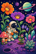 Thumbnail for Timanttimaalaus avaruuspukuisesta astronautista avaruuspuutarhassa kukkien ja planeettojen keskellä.