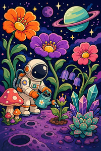 Thumbnail for Timanttimaalaus avaruuspukuisesta astronautista avaruuspuutarhassa kukkien ja planeettojen keskellä.