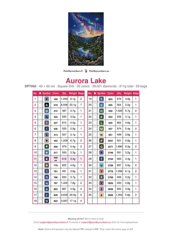 Aurora Lake timanttimaalauksen värikartta – 35 DMC-väriä