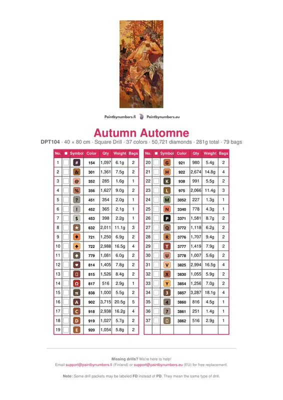 Autumn Automne timanttimaalauksen värikartta – 37 DMC-väriä
