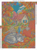 Thumbnail for Autumn Cat and Cozy Cottage timanttimaalauksen liimapintainen canvas 50x70cm
