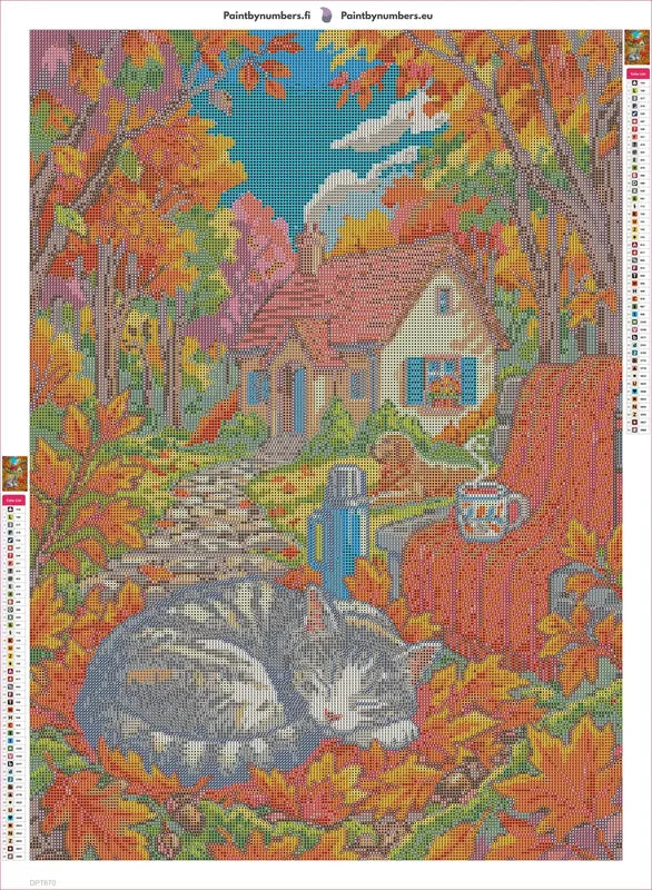 Autumn Cat and Cozy Cottage timanttimaalauksen liimapintainen canvas 50x70cm
