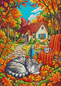 Thumbnail for Autumn Cat and Cozy Cottage, 50x70 cm timanttimaalaus – koko kuvion esikatselu ilman lähikuvaa