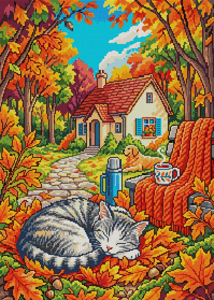 Autumn Cat and Cozy Cottage, 50x70 cm timanttimaalaus – koko kuvion esikatselu ilman lähikuvaa
