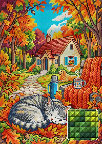 Autumn Cat and Cozy Cottage, 50x70 cm timanttimaalaus – lopullisen kuvion esikatselu ja lähikuva neliönmuotoisista timanteista
