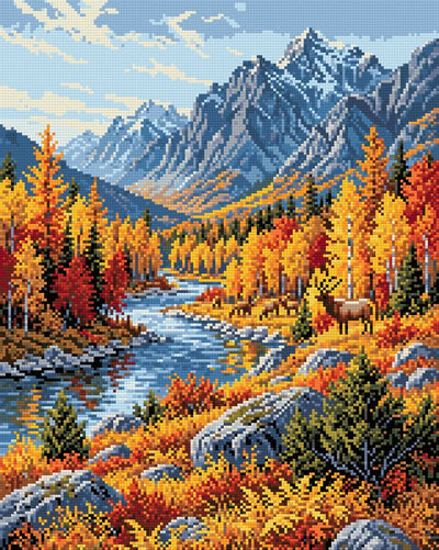 Autumn Elk in Mountain Valley, 40x50 cm timanttimaalaus – lopullisen kuvion esikatselu