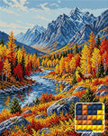 Thumbnail for Autumn Elk in Mountain Valley, 40x50 cm timanttimaalaus – lopullisen kuvion esikatselu ja lähikuva neliönmuotoisista timanteista