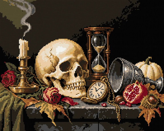 Syksyinen vanitas-asetelma pääkallolla ja kynttilällä, 50x40 cm timanttimaalaus – lopullisen kuvion esikatselu