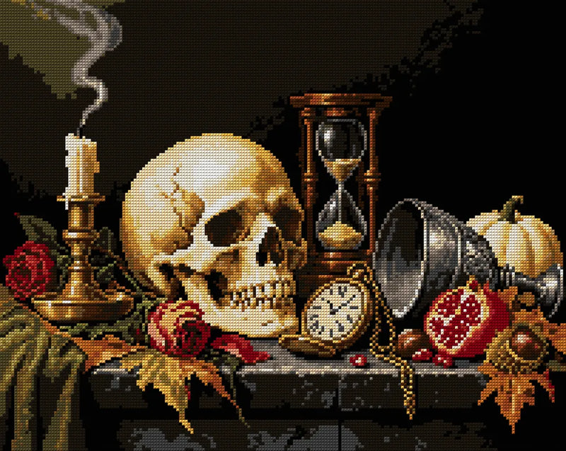 Syksyinen vanitas-asetelma pääkallolla ja kynttilällä, 50x40 cm timanttimaalaus – koko kuvion esikatselu