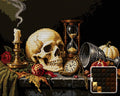 Thumbnail for Syksyinen vanitas-asetelma pääkallolla ja kynttilällä, 50x40 cm timanttimaalaus – kuvio ja neliötimanttien lähikuva