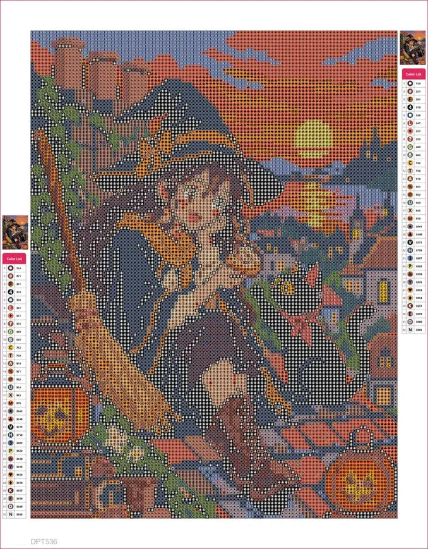 Autumn Witch on the Roof timanttimaalauksen liimapintainen canvas 30x40cm