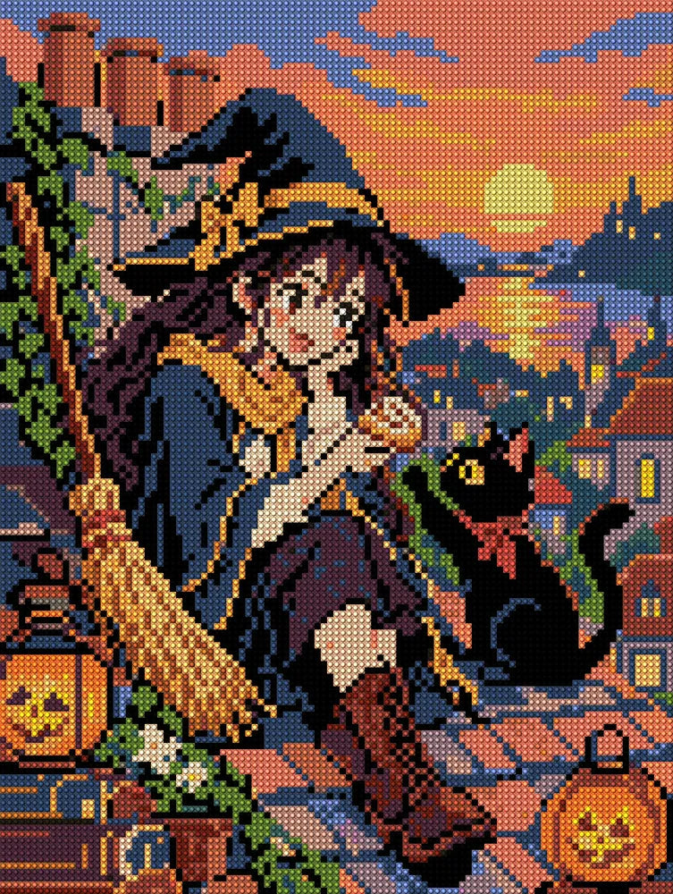 Autumn Witch on the Roof, 30x40 cm timanttimaalaus – koko kuvion esikatselu ilman lähikuvaa