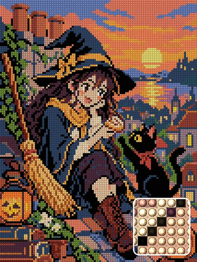 Autumn Witch on the Roof, 30x40 cm timanttimaalaus – lopullisen kuvion esikatselu ja lähikuva pyöreistä timanteista