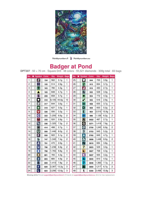 Badger at Pond timanttimaalauksen värikartta – 48 DMC-väriä