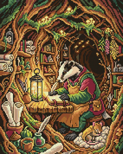 Badger Scribe in Cozy Burrow, 40x50 cm timanttimaalaus – lopullisen kuvion esikatselu