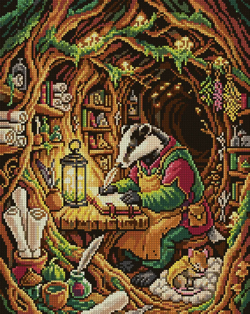 Badger Scribe in Cozy Burrow, 40x50 cm timanttimaalaus – koko kuvion esikatselu ilman lähikuvaa