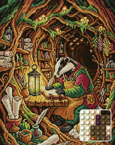 Badger Scribe in Cozy Burrow, 40x50 cm timanttimaalaus – lopullisen kuvion esikatselu ja lähikuva pyöreistä timanteista
