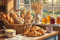 Thumbnail for Timanttimaalaus, jossa maalaisleipomon pöydällä kori leipää, croissantteja ja purkkeja aamuauringossa.