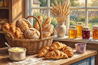 Thumbnail for Timanttimaalaus, jossa maalaisleipomon pöydällä kori leipää, croissantteja ja purkkeja aamuauringossa.