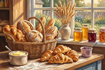 Timanttimaalaus, jossa maalaisleipomon pöydällä kori leipää, croissantteja ja purkkeja aamuauringossa.