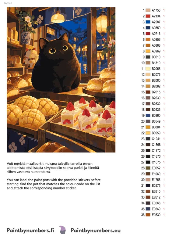 Numeromaalaus: Värikartta ja ohjeet - Bakery Window Cat 30x40cm
