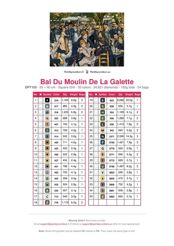 Bal Du Moulin De La Galette timanttimaalauksen värikartta – 35 DMC-väriä
