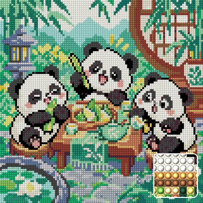 Bamboo Breakfast Club, 30x30 cm timanttimaalaus – lopullisen kuvion esikatselu ja lähikuva pyöreistä timanteista