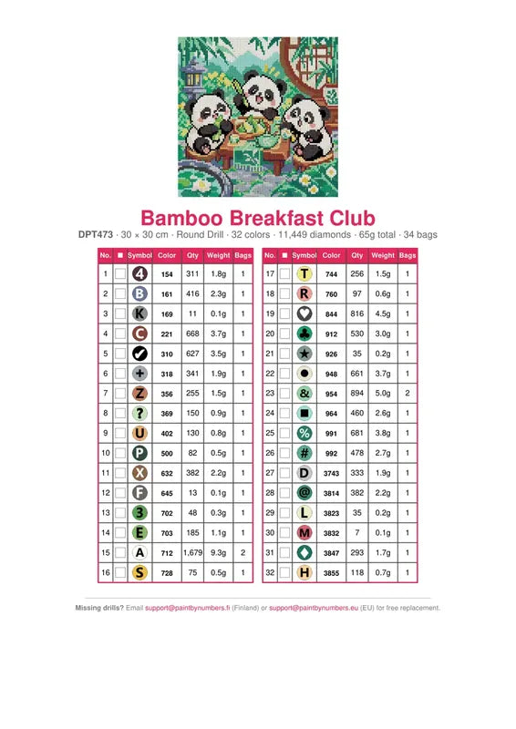 Bamboo Breakfast Club timanttimaalauksen värikartta – 32 DMC-väriä