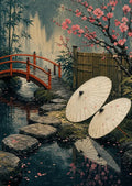 Thumbnail for Timanttimaalaus japanilaisesta puutarhasta, jossa kirsikankukkia, punainen silta ja paperisia varjoja.