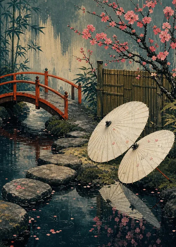 Timanttimaalaus japanilaisesta puutarhasta, jossa kirsikankukkia, punainen silta ja paperisia varjoja.
