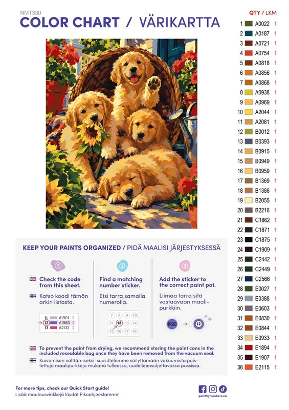 Numeromaalaus: Värikartta ja ohjeet - Basket of Puppies 40x50cm