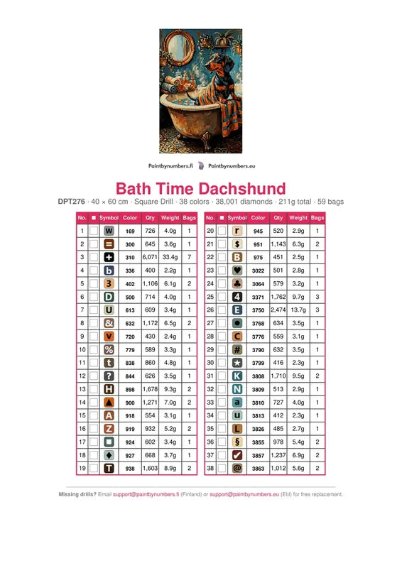 Bath Time Dachshund timanttimaalauksen värikartta – 38 DMC-väriä