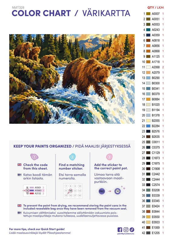 Numeromaalaus: Värikartta ja ohjeet - Bear Cubs at the Rapids 70x50cm