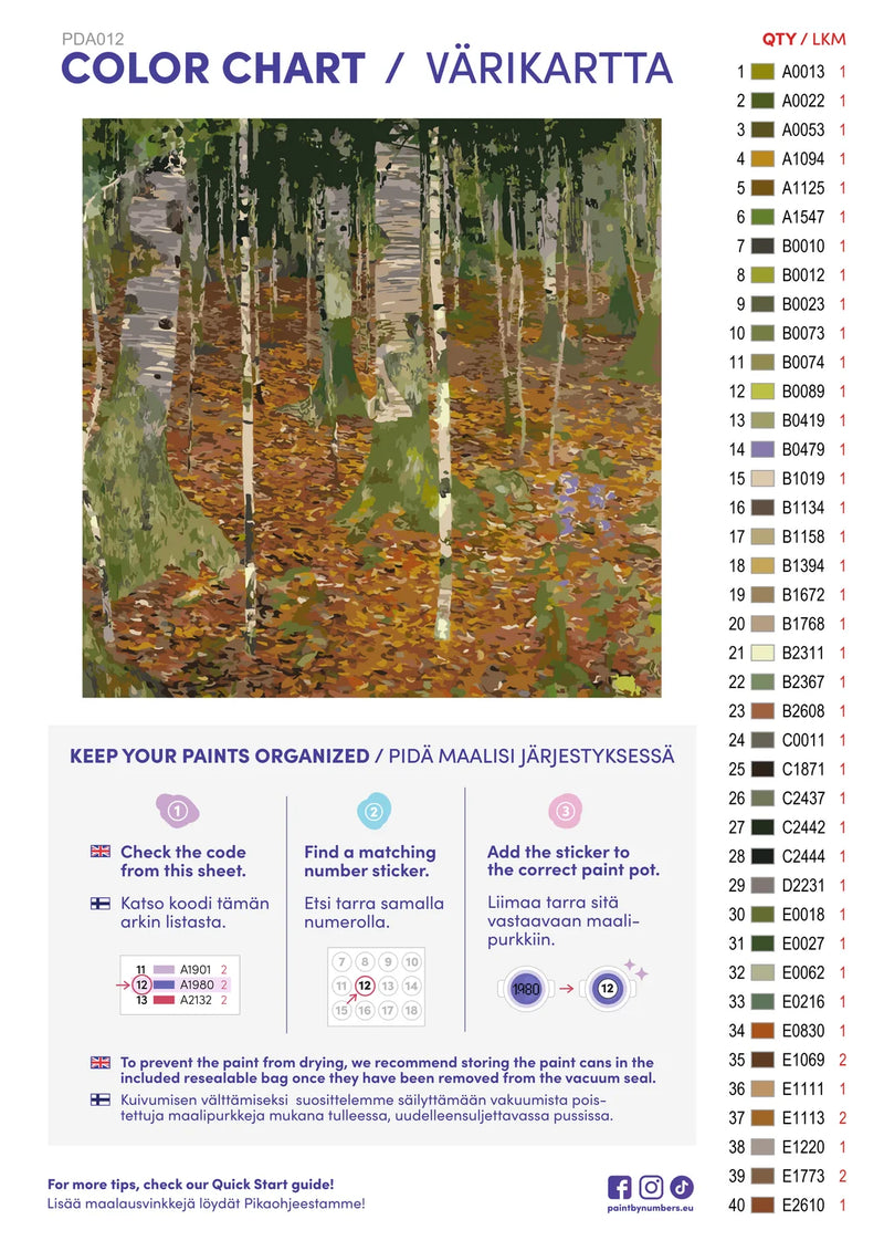 Paint by numbers color chart - Birch Forest - väriluettelo ja ohjeet