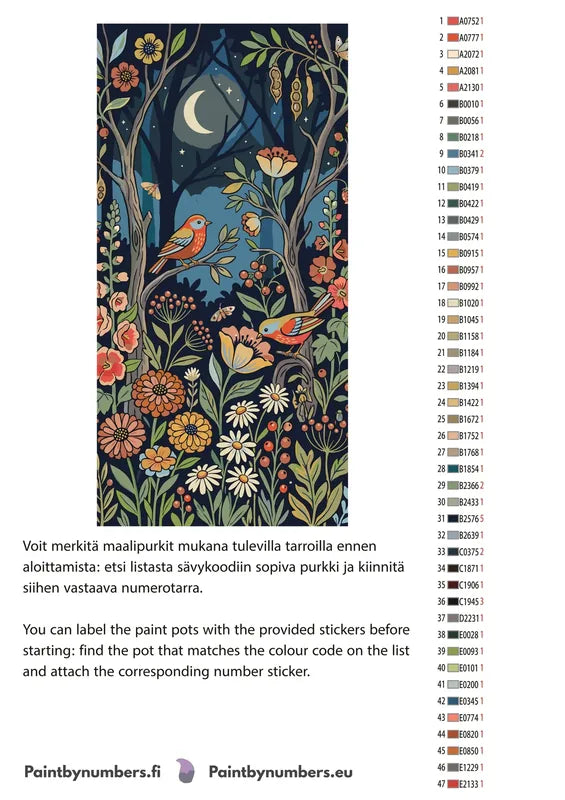 Värikartta ja ohjeet - Birds and Flowers at Night 40x80cm