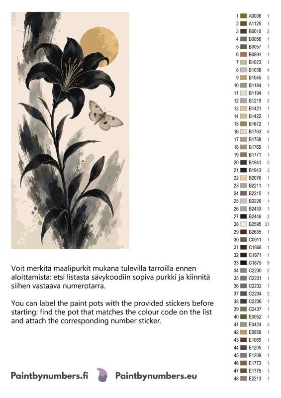 Värikartta ja ohjeet - Black Lily and Moth 80x160cm