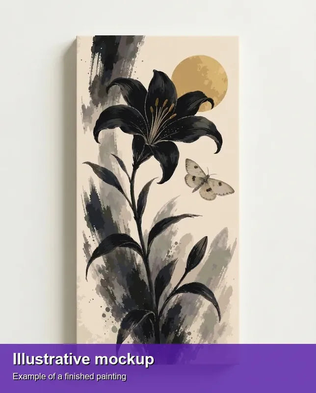 Valmiin numeromaalauksen havainnekuva - Black Lily and Moth 80x160cm