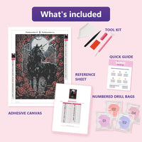 Thumbnail for Black Unicorn 30x40cm timanttimaalauspaketin sisalto: liimapintainen canvas, varikartta, tyokalut ja timanttipussit
