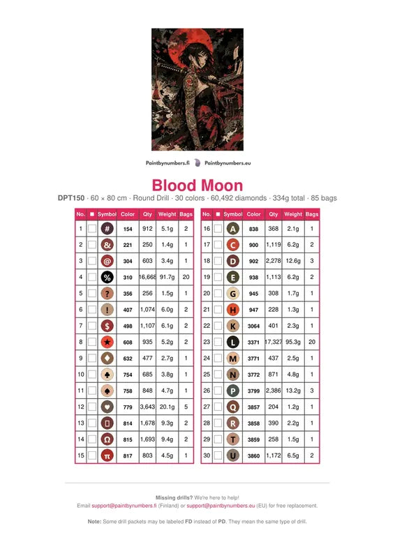 Blood Moon timanttimaalauksen värikartta – 30 DMC-väriä