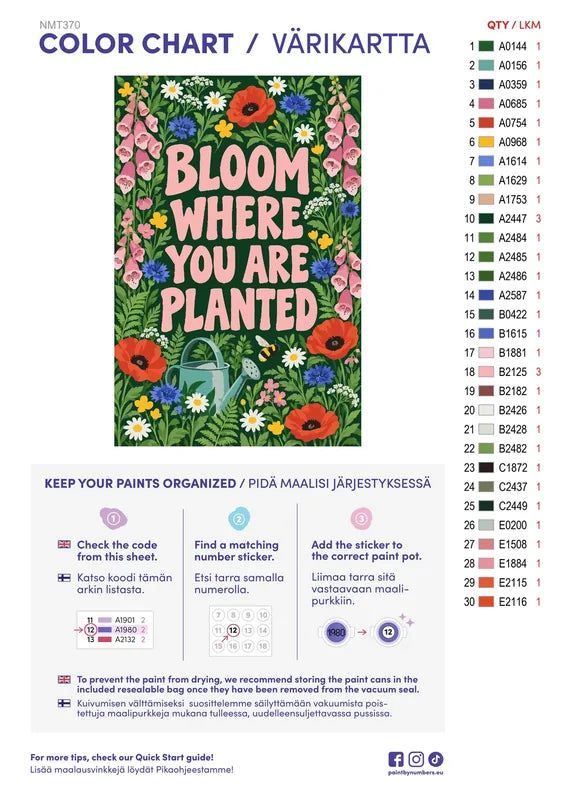 Numeromaalaus: Värikartta ja ohjeet - Bloom Where You Are Planted 40x60cm