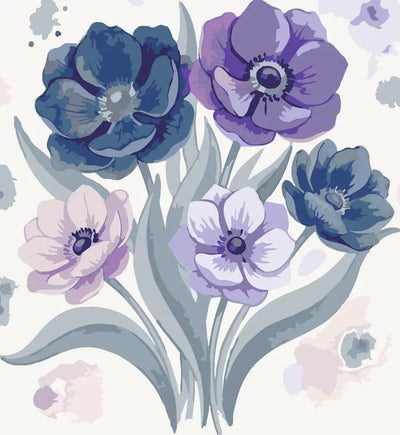 Viisi sinistä ja violettia anemone-kukkaa numeromaalaus