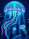 Thumbnail for Timanttimaalaus neonvärisistä meduusoista syvänsinisessä merimaisemassa.