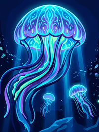 Thumbnail for Timanttimaalaus neonvärisistä meduusoista syvänsinisessä merimaisemassa.