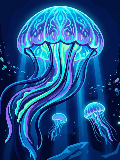 Timanttimaalaus neonvärisistä meduusoista syvänsinisessä merimaisemassa.