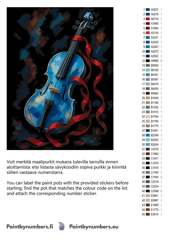 Värikartta ja ohjeet - Blue Violin with Red Ribbon 60x80cm
