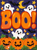 Thumbnail for Kummitukset, kurpitsat ja BOO-teksti halloween-aiheinen numeromaalaus.