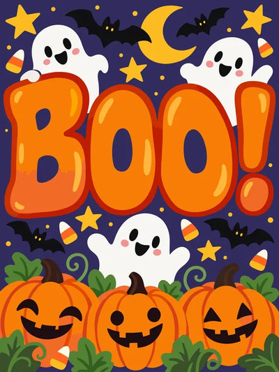 Kummitukset, kurpitsat ja BOO-teksti halloween-aiheinen numeromaalaus.